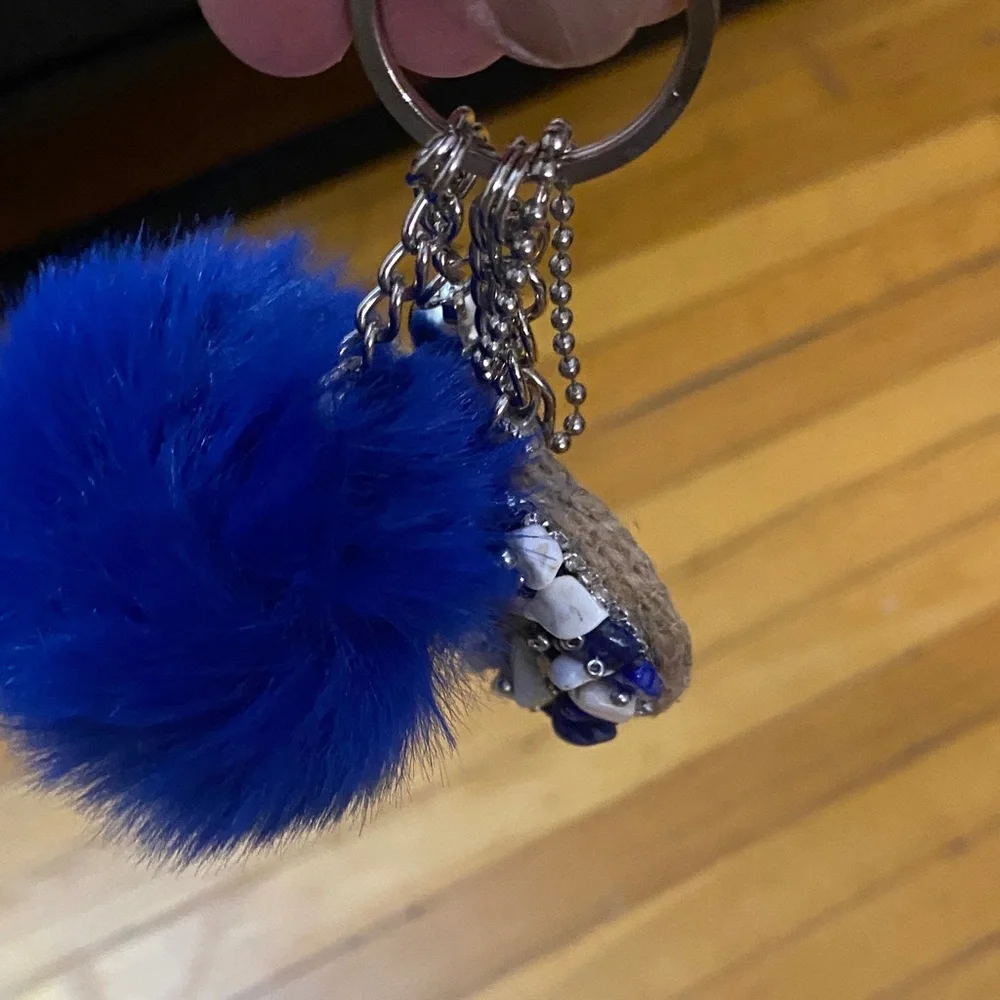 Leather D Vibrant blue Pom pom Keychain Purse charm
